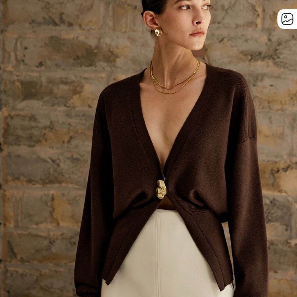 Commense Dark Chocolate V-Neck Single-Button Knit Sweater